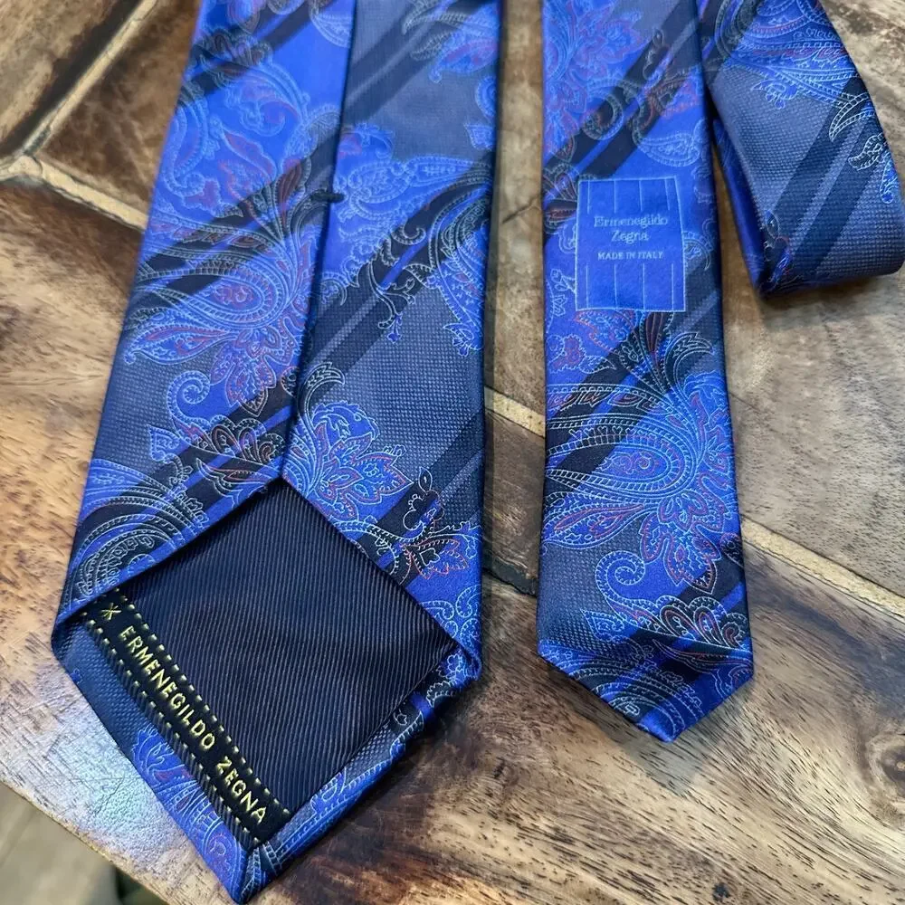 Ermenegildo Zegna Men's Blue 100% Silk Striped Print Neck Tie - Picture 4 of 5